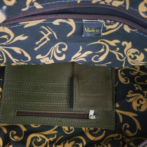 Leaders in Leather Paraguay Handbag Hand Tooled Cutout Satchel Brown Green - Picture 7 of 7